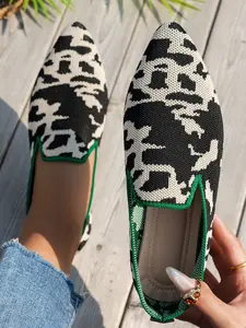 Camouflage Pattern Knitted Pointed Toe Flat Shoes, Breathable Slip-On Soft Bottom Commuter Shoes for Women, Elegant PU Leather Design Breathable Flats