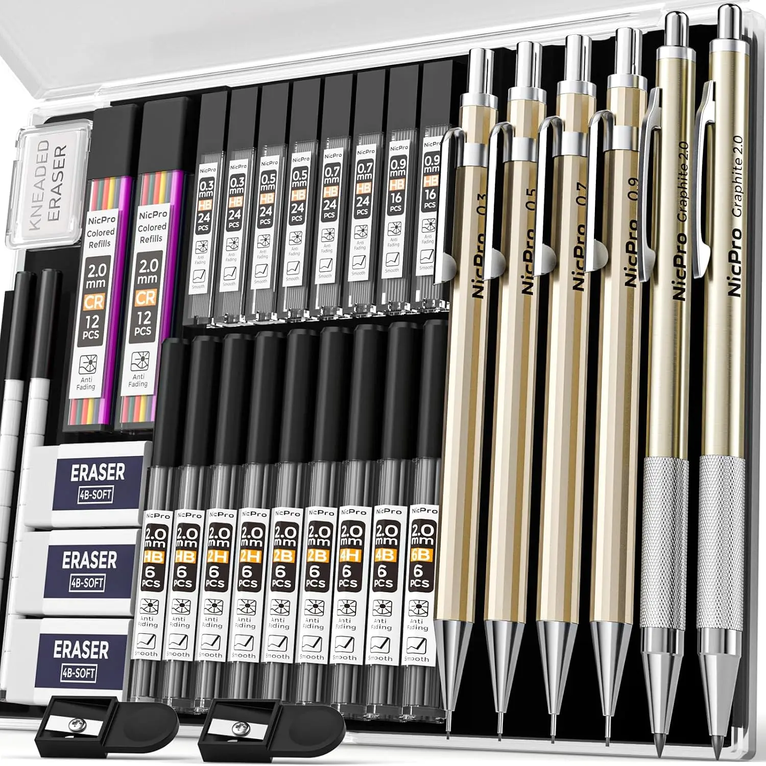 Nicpro 34PCS Art Mechanical Pencil Set, Metal Drafting Pencil 0.3 Mm & 0.5 Mm & 0.7 Mm & 0.9 Mm & 2PCS 2Mm Lead Holder (6B 4B 2B HB 2H 4H Colors) for Sketching Drawing with 19 Tube Lead Refills Case