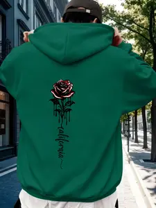 Men's casual hooded sweatshirt, Gothic rose and California letter print, soft fabric, suitable for street wear, urban daily life, weekend gatherings and outdoor activities for young adult men