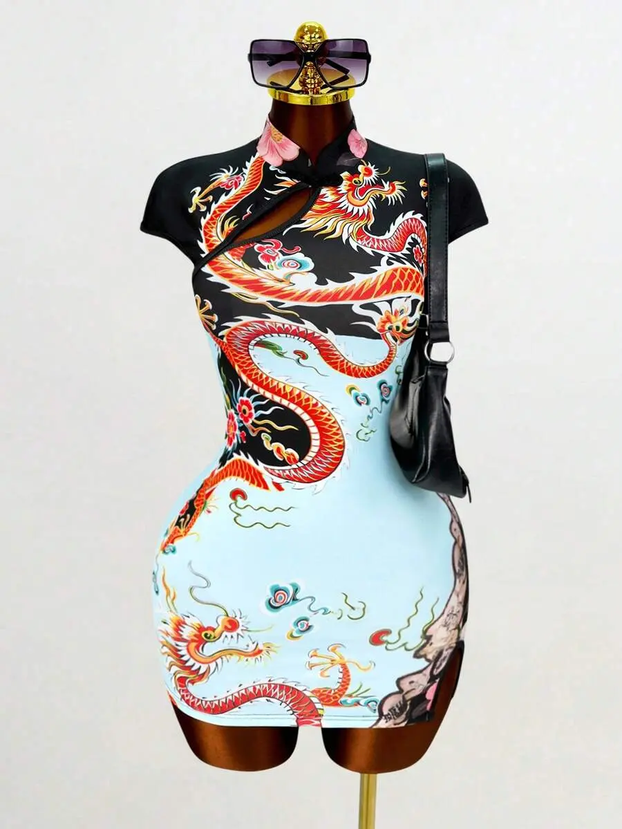 IYUNA Sexy Short Cheongsam Dress With Dragon Print, Waist Cinching, Slit, Bodycon, Suitable For Summer