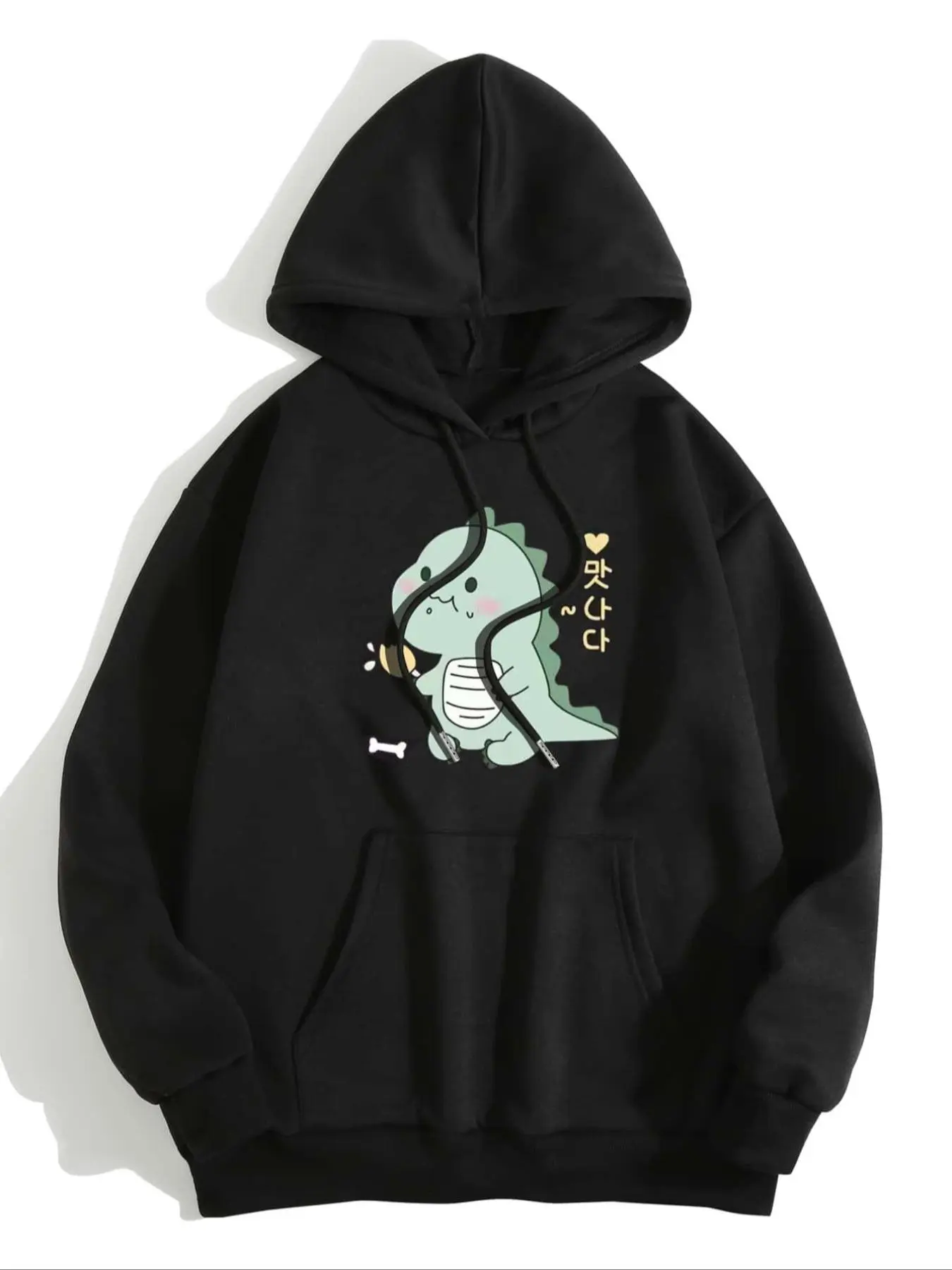 Women's Cartoon Dinosaur Print Drawstring Pocket Hoodie, Casual Drop Shoulder Long Sleeve Hooded Sweatshirt, Ladies Fall & Winter Clothes for Daily Wear