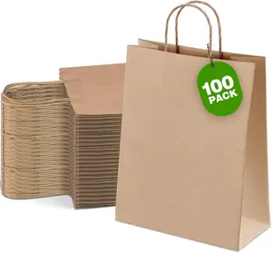 Ginkgo 100 Pcs Paper Gift Bags with Handles, Brown Paper Bags 8x4.25x10.25 Inch, Medium Size Party Favor Kraft Bag Bulk