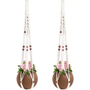 Macrame  Hanger with Colored  Beads and 4 count Hooks, Elegant   Holder for Indoor Outdoor , Sturdy  Planters with No Tassel, 33 Inch, , Set of 2