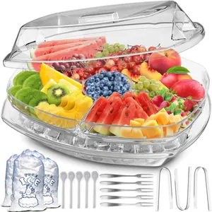 Premium Chilled Serving Tray for Parties 15" Ice Chilled Party Platter w/Lid & Dip Holder Functional Cold Dish w/ 4 Compartments Perfect for Fruits Veggies Shrimp Cocktail Keeps Food Cool