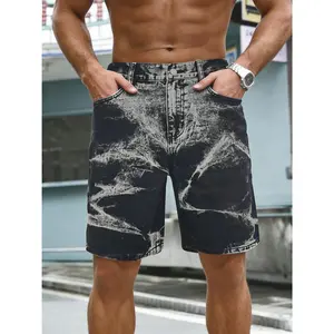 Vintage Acid Wash Marble Shorts for Men, Cotton Comfortable Denim Pants, Distressed Wide Leg Bottoms Ideal for summer casual outings, music festivals, streetwear gatherings, and versatile everyday looks,