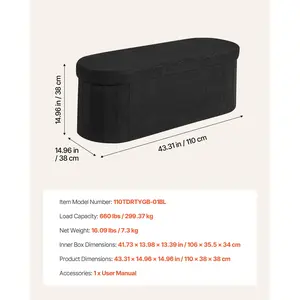 VEVOR Oval Storage Ottoman Bench, Foldable Teddy Fleece End of Bed Bench, Folding Upholstered Bed Ottoman Chest with Large Storage Space, Supports 660 lbs, for Living Room, Bedroom, Entryway, Black