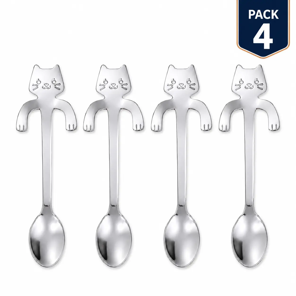 Mini Cat Shaped Teaspoons, 304 Stainless Steel 4.5 in Coffee & Espresso Spoons for Tea, Dessert, Sugar & Ice Cream, Silver, Pack of 4