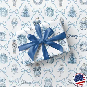 Blue Toile Wrapping Paper Christmas Blue Bow Gift Wrap Personalized Elegant Holiday Wrapping Paper Blue Nutcracker Gift Wrap First Christmas