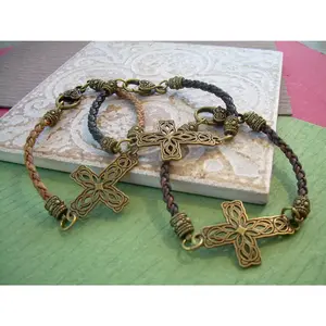 Leather and Bronze Braided Filigreed Cross Bracelet