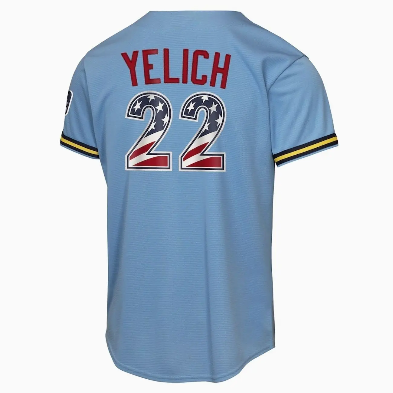 Unisex Baseball Jersey 22 Yelich Milwaukee 2026 USA 250 Fourth of July Road Replica Jersey - Light Blue