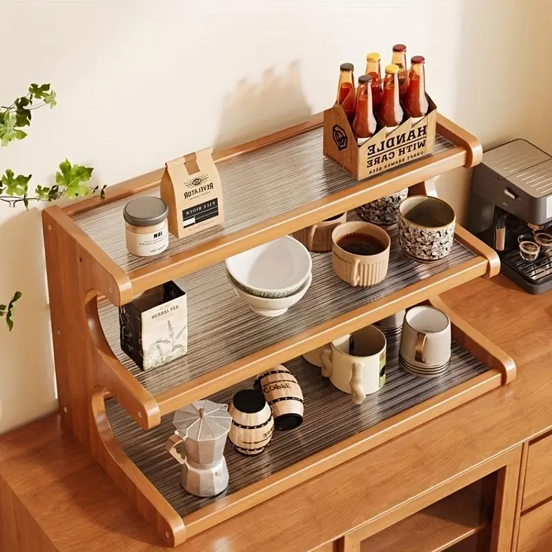 Bamboo Kitchen Counter Shelf, 1 Count Multipurpose Storage Rack, Easy To Assemble, Multifunctional Storage Rack for Coffee Bag, Spice and Cookware, Coffee Accessories, Countertop Spice Shelf