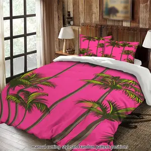 Pink background with palm tree pattern 3-piece comforter set, bedding set, suitable as a gift.