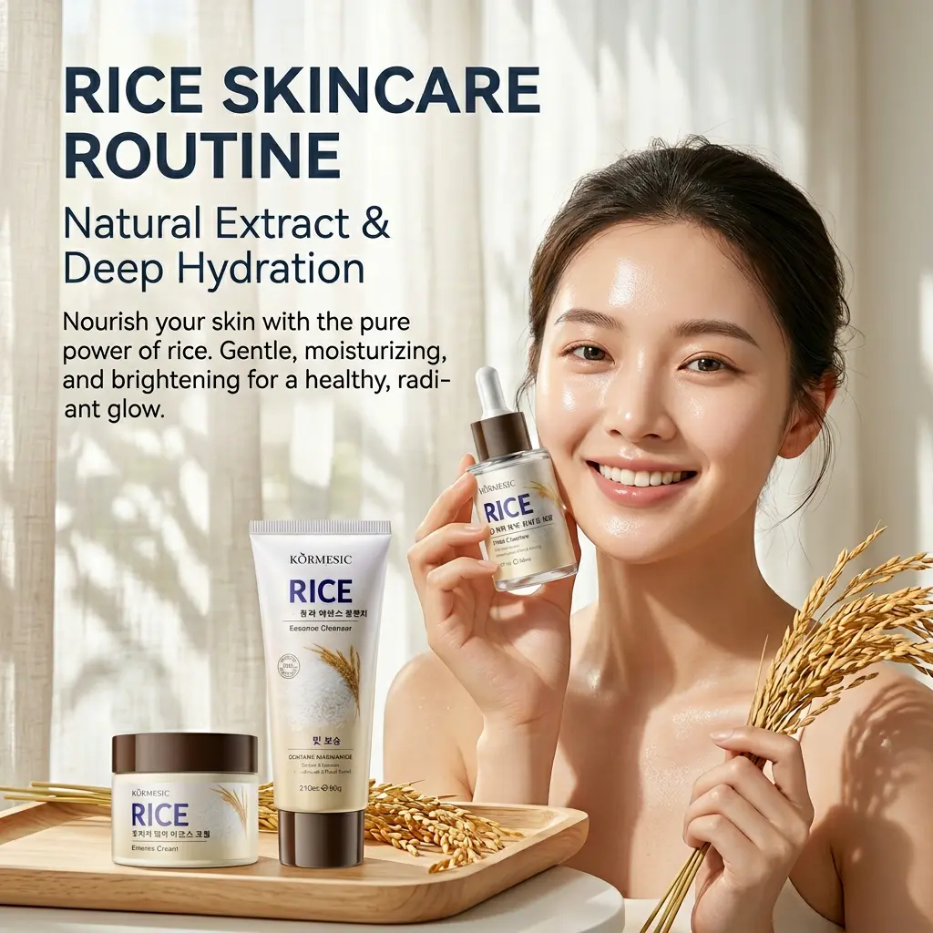KORMESIC Korean Rice Skin Care Set includes 3 products: facial cleanser, essence, and face cream.– TSA Approved Travel Size, Suitable for Women's Facial Hydration and Moisturizing Collagen Face Hyaluronic