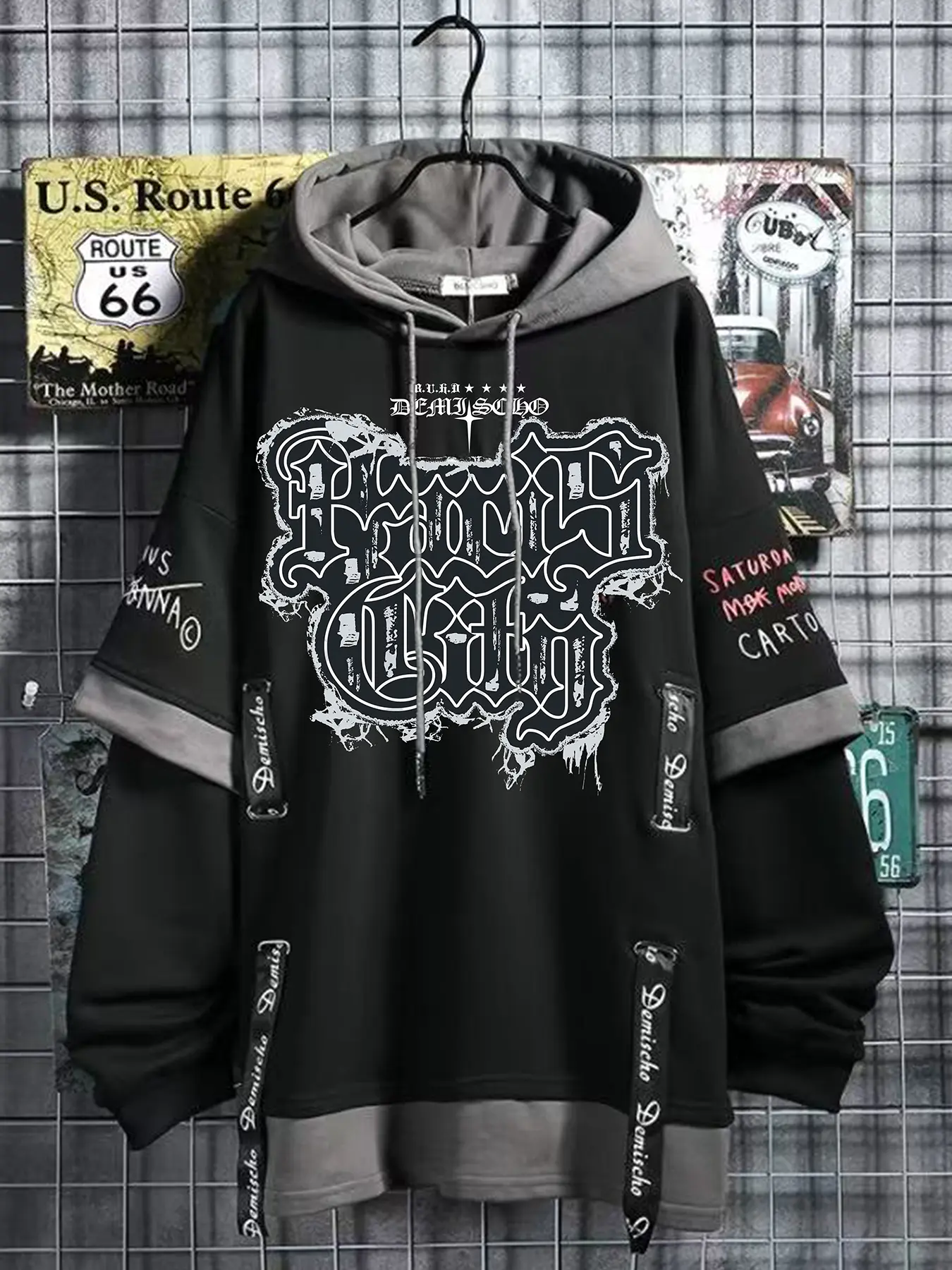 Men's Colorblock Letter Print Graffiti Hoodie, Casual Fashion Sweatshirt, Hip-Hop Style, Patchwork Design, Versatile Outerwear