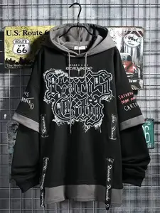 Men's Colorblock Letter Print Graffiti Hoodie, Casual Fashion Sweatshirt, Hip-Hop Style, Patchwork Design, Versatile Outerwear