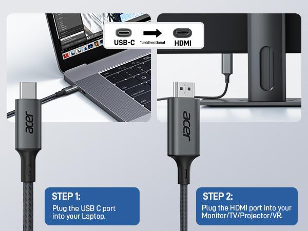 Acer  4K@60Hz USB C to HDMI Cable 6FT, High Speed Braided Cord, Video Audio Sync, Thunderbolt 3/4 Compatible, Type C to HDMI Adapter Cable for Macbook, iPhone, iPad Pro/Air