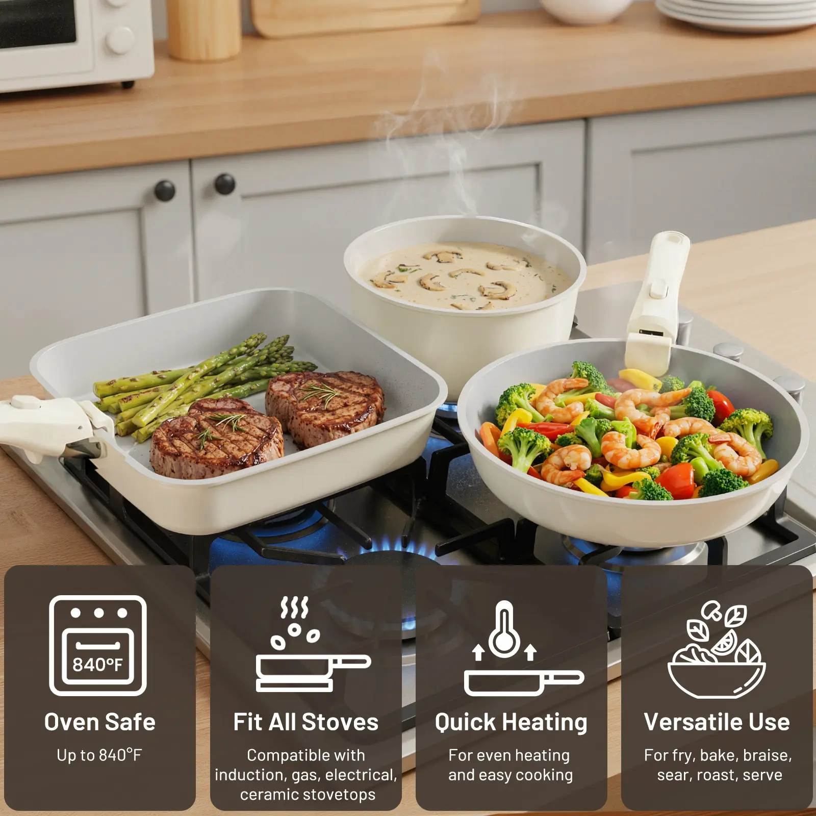 OOAK Dishwasher safe]Kikcoin Nonstick Oven Safe pots pans set