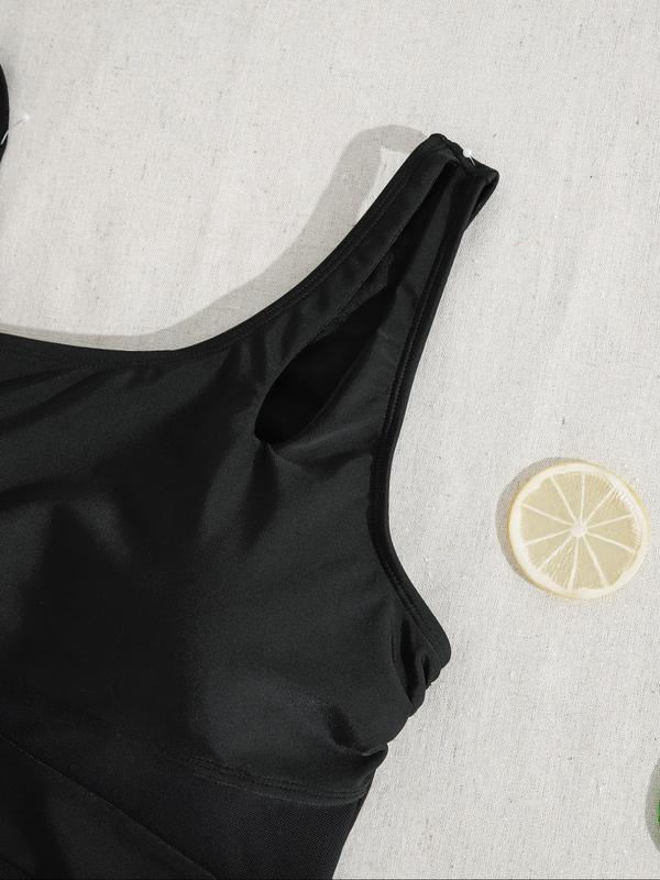 Women's Solid Color Mesh Insert One-piece Swimsuit, Casual Sleeveless Swimwear for Beach Holiday Vacation, Ladies Swimsuit for All Seasons, Mesh Swimsuits
