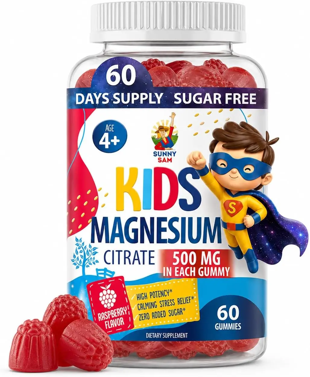 Sugar-Free Magnesium Gummies for Kids & Teens - 500mg Calm Magnesium Citrate - Chewable Magnesium Gummy Supplement for Sleep, Mood & Muscle Support - Citrato de Magnesio para Niños - 60 Days Supply