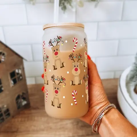 Christmas 16oz Glass Can Cup with Bamboo Lid & Straw, Iced Coffee Gift