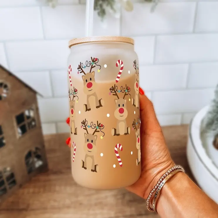 Christmas 16oz Glass Can Cup with Lid and Straw, Iced Coffee Drinkware, Gift for Her, Acrylic Cup, water bottle for women, christmas gift, Mug, Bottled, Thermos Cup, Portable