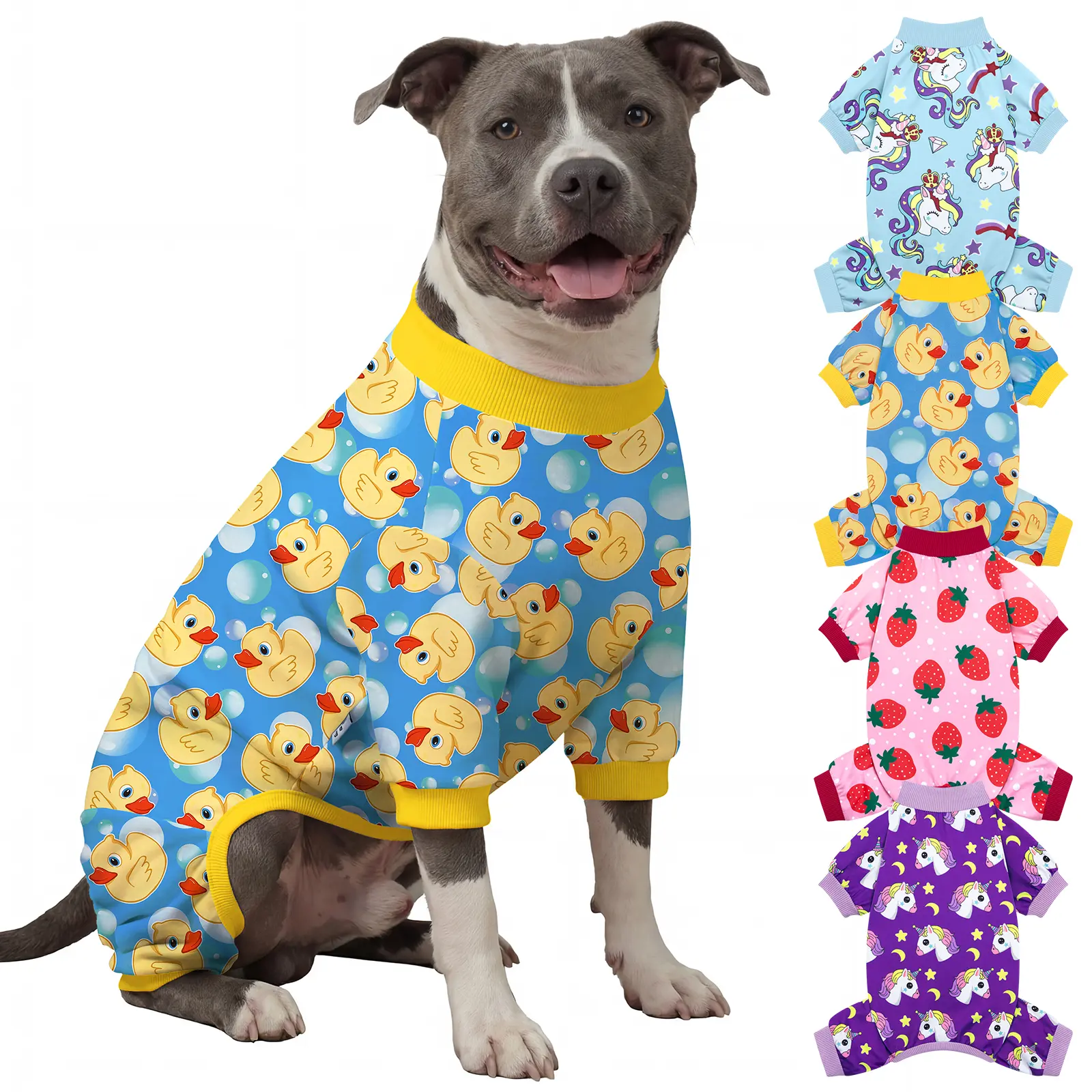 XPUDAC Pet Christmas Pajamas, 4-Piece Duckie & Strawberry Pattern Soft Stretchy Outfits for Small, Medium, Large Dogs & Cats - Festive Gift Clothing,Summervibes,Petlovers