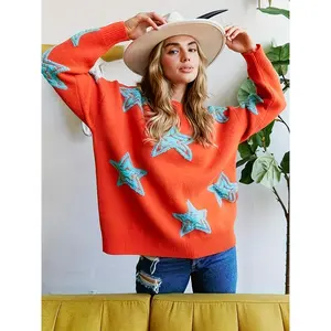 Womens Casual Oversized Star Sweater Tomato Red Cozy Knit Pullover Fall Winter New Year Party Valentines Day Holiday
