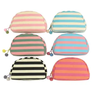 Striped Canvas Cosmetic Bag, Half-Moon Makeup Organizer with Cute Pom Pom Zipper, Portable Travel Toiletry Pouch for Women & Girls, Vibrant Pink & Green Skincare Storage Case, Trendy Daily Essentials Bag