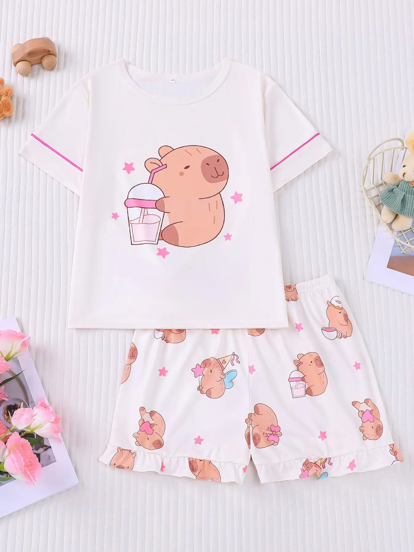 2-Piece Cute Capybara Cartoon Print Pajama Set, Casual Relaxed Sleepwear for Kids and Teens, Perfect for Daily Fashion or Home Parties, Loungewear