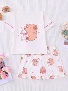 2-Piece Cute Capybara Print Pajama Set, Casual Relaxed Sleepwear for Kids and Teens, Perfect for Daily Fashion or Home Parties, Pajama Outfit, Soft Casual Pajamas
