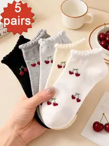 5 Pairs Cherry Print Ruffle Ankle Socks Set, Breathable Sweet Style, Perfect for Spring Summer Daily Wear, Comfortable and Stylish