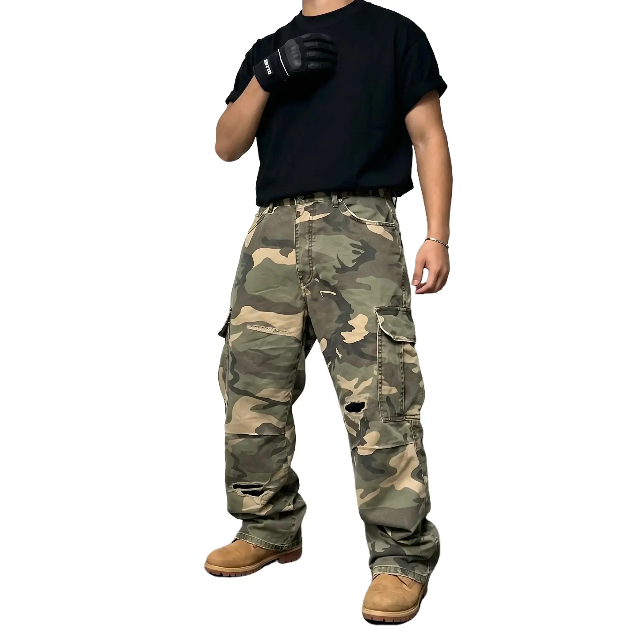 Men's Vintage Camouflage Thick Cotton Cargo Pants - Wide-Leg, Ripped Distressed Retro Streetwear Trousers