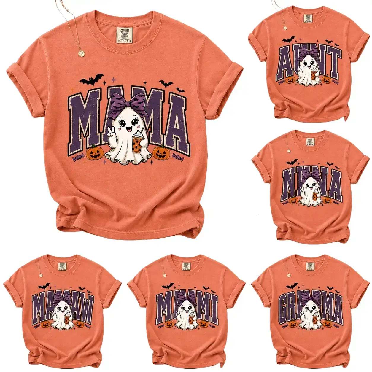 Comfort Colors Custom Mama Halloween Shirt, Ghost Bow Graphic Tee, Mimi Nana Gigi Auntie Grandma Shirt, Spooky Family Fall Gift, Retro Halloween Tee