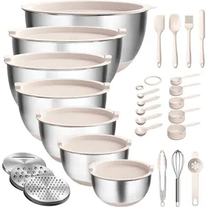 27 PCS Mixing Bowls with Airtight Lids,  Stainless Steel Nesting Bowls, with 3 Grater Attachments, Scale Mark & Non-Slip Bottom, Size 5, 4, 3, 2, 1.5, 1, 0.63QT, Ideal for Mixing & Prepping