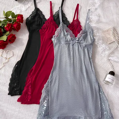 CHICME Women's 3-Pack Cute Modal Pajama Set - Lace Trim Cami, Side Slit H-Type Sleep Dress with Bowknot, Soft Fabric Nightwear & Loungewear for Valentine's Day