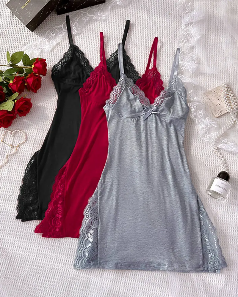 CHICME Women's 3-Pack Pajamas Set/Lace Pajama Set - Lace Trim Modal Cami Nightgown, Side Slit Sleep Dress with Bowknot, Soft Valentine's Day Sleepwear & Loungewear
