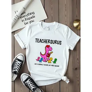 Teachersaurus Graphic Tee 180g White Cotton Round Neck Short Sleeve Printed T-shirt Cute Dinosaur Design Funny Teacher Gift Thanksgiving Christmas Plus Size Women