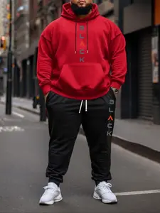 Plus Size Letter Print Zip-Up Hoodie & Sweatpants Set, Casual Long Sleeve Hooded Sweatshirt & Jogger Pants, Men's 2-Piece Streetwear Tracksuit Set for Fall & Winter