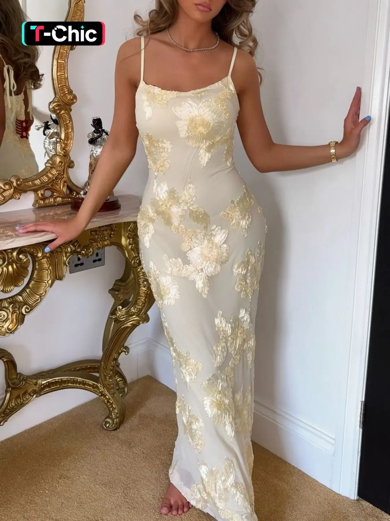 French Vintage Floral Print Halter Long Dress, Elegant Adjustable Mermaid  Hem Back Tie Design, Party Evening Light Formal Wear Lady Gown - TikTok Shop