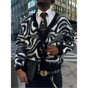 Casual Loose V-Neck Button Cardigan, Zebra Print, High Street Style Unisex Top, Suitable For Spring, Autumn & Winter