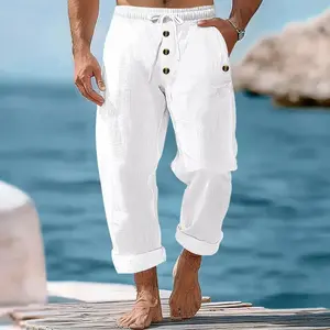 Spring and summer men's beach pants solid color cotton and linen loose drawstring button casual trousers