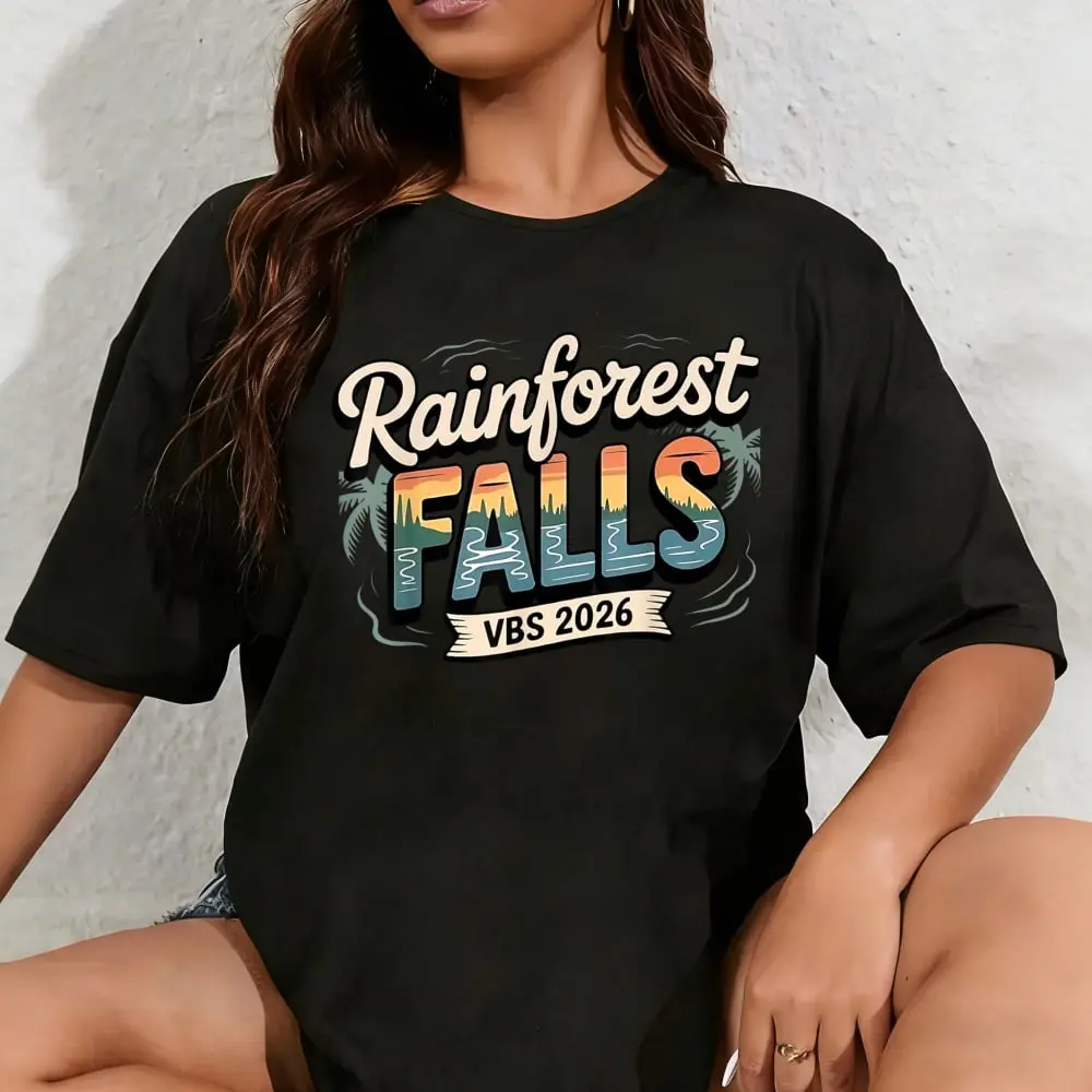 Lady's 100% Cotton Round Neck Casual Everyday Graphic T-Shirt - Rainforest Falls VBS 2026 Vacation Bible School Christian Top for Women, Tshirt, Vintage, Whimsical, Streetwear, Rainforest Print, Short Sleeves, Crew Neck, Wide Range Of Sizes