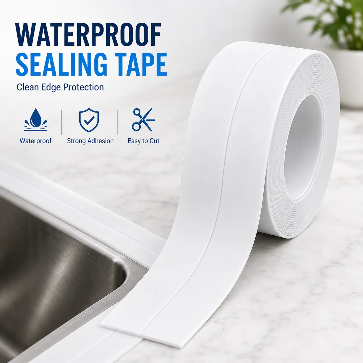 Self-Adhesive Waterproof Caulk Tape - Strong Sealing Strip for Bathroom Corners, Kitchen Sinks, Home Improvement Edge Protector Weather Stripping
