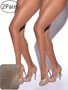 2 Pairs Plus Size Women's Diamond Mesh Stockings, High Elastic Glitter Leggings, Sexy Mid Waist, Gothic Style for Nightclub Parties
