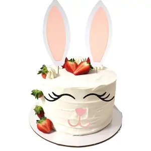 2Pc Happy Easter Bunny Ears Cake Topper with Glitter Eyelashes Spring Easter Picks for Rabbit Birthday Spring Theme Party Cake Decorating Supplies