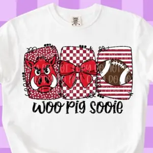 Football Hogs Woo Pig Sooie White T-Shirt with Red and Brown Checkered Design and Football Graphic