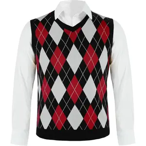 PASLTER Mens Argyle Sweater Vests Rhombus Sleeveless V-Neck Knit Pullover Vest Knitwear Menswear