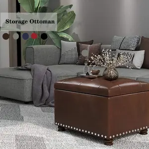 Adeco Bonded Leather Square Tufted Storage Footstool, 18" ottoman, Dark Brown