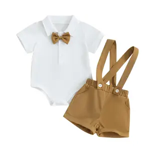 Toddler Baby Boy Summer Gentleman Outfits Set Short Sleeve Lapel Button Romper Tops Suspender Shorts 2Pcs Clothes Set