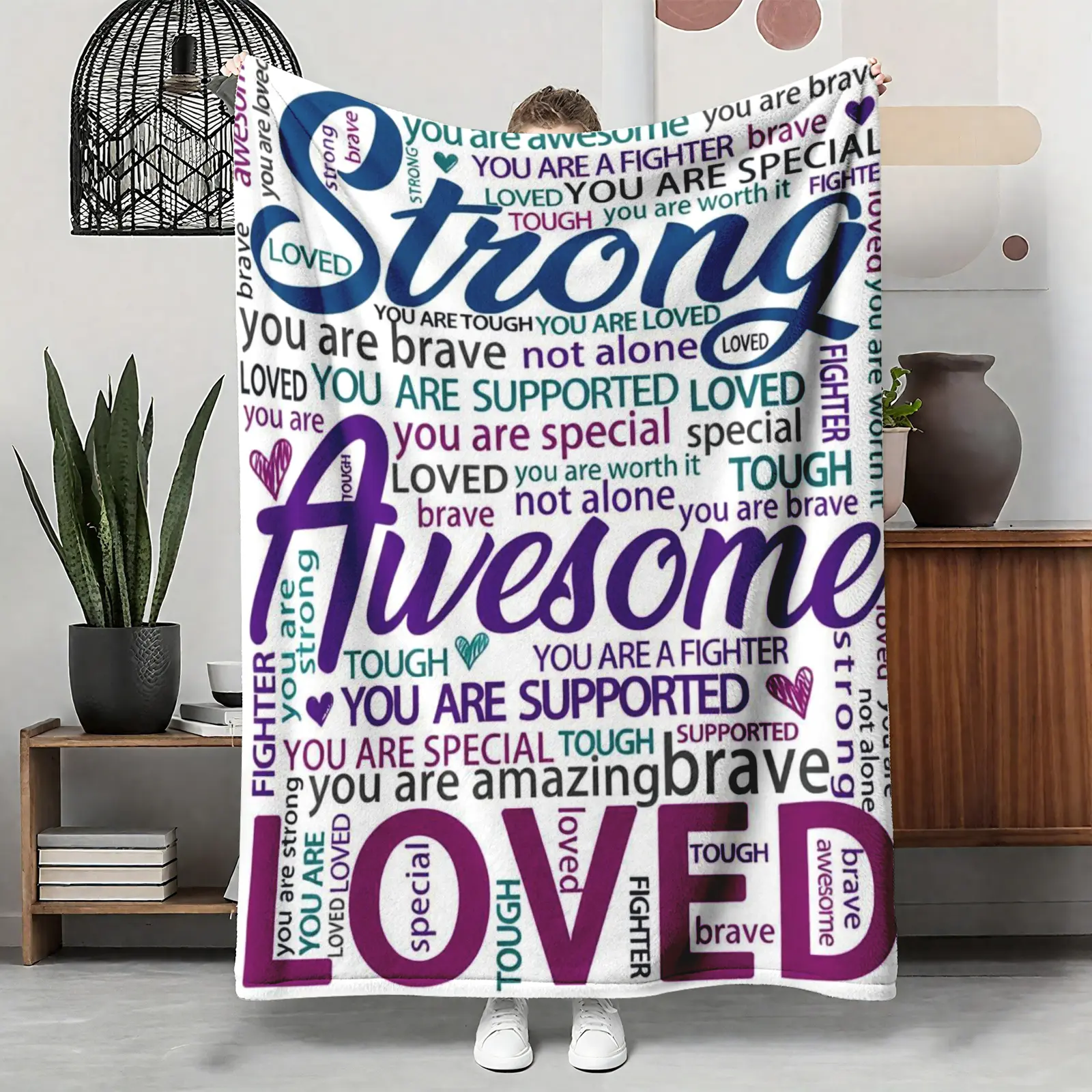 Flannel Fabric Throw Blanket - Modern, Wrinkle-Resistant, Heat-Retention, Positive Affirmation Word Cloud, Soft Warm Cozy Nap Blanket for Couch Bed, Inspirational Self-Care Gift for Her/Friend, Birthday Christmas Gift